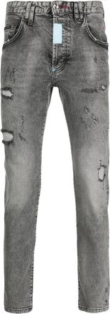 Philipp Plein distressed skinny-cut jeans - men - Elastane/Cotton/Cotton/Polyester - 30 - Grey