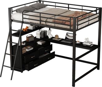 STILVORA Cama Alta Cama Doble Con Escritorio En L, 4 Cajones Y Almacenaje, 140 X 200 Cm, Sin Colchon, Negra