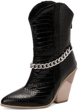 Generic Womens Chunky High Heel Western Booties Pointed Toe Short Boots with Back Zipper PU Leather Cowboy Boots with Metal Chain,Black,4.5 UK