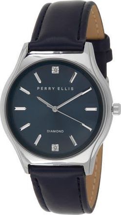 Perry Ellis Solar 3-Hand Quartz Diamond Solitaire Faux Leather Strap Watch, 41mm in Silver at Nordstrom Rack