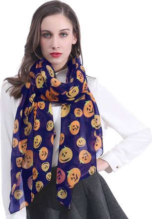Lina & Lily Halloween Pumpkin Print Womens Scarf Shawl Wrap Lightweight (Navy Blue)