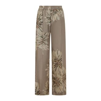 Brunello Cucinelli Brunello Cucinelli, Wide Trousers, female, Green, Size: S Bloom Print Pongee Trousers