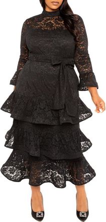 Buxom Couture Tiered Lace Long Sleeve Maxi Dress in Black at Nordstrom, Size 3 X