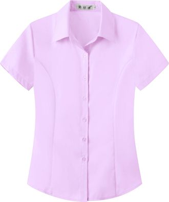 Generic Womens Short Sleeve Work T Shirts Plain Stretch Formal Dress Shirts Slim Fit Button Up Reverse Collar Tailored Oxford Shirts Easy Care Non Iron Casual