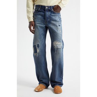 J.W.Anderson Rip & Repair Straight Leg Selvedge Jeans in Dark Blue at Nordstrom, Size 34