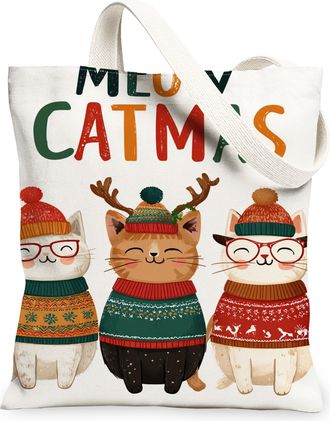 Generic Meowy Cats Canvas Tote Bags, Adorable Feline Pattern Reusable Grocery Bags, Winter Holiday Lightweight Washable Shoulder St, White, 13x15 Inch
