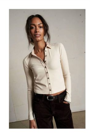 perfectwhitetee Amee Luxe Rib Long Sleeve Button Polo In Sugar