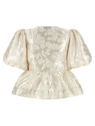 Ganni Satin Jacquard Peplum Blouse - Cream