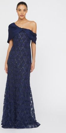 Theia Anabella Textured Tulle Asymmetric Neck Satin Fit and Flare Gown in Navy at Nordstrom, Size 14