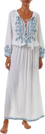 Melissa Odabash Sienna Embroidered 3/4 Sleeve Maxi Dress In White/mint
