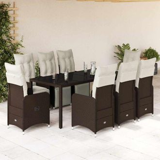 vidaXL Set De Mesa Y Sillas Jard&iacute;n 9 Piezas Y Cojines Rat&aacute;n Pe Marr&oacute;n Vidaxl