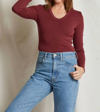 perfectwhitetee Robyn Long Sleeve U Neck Tee In Cranberry