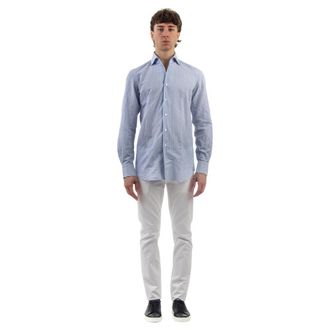 Finamore 170 a due Shirt - Heren - Casual Overhemden - Blauw - XL - Katoen - Overhemden