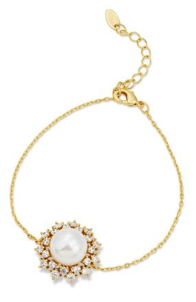 Savvy Cie Jewels GOLD PLATED OVER BRASS SHELL PEARL AND WHITE CZ BRACELET