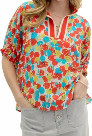 Entro Abstract Print Dolman Sleeve Pullover Top In Red