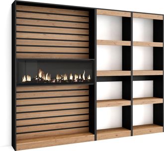 Skraut Home Librer&iacute;a Estanter&iacute;a, Estanteria Libros De Pared, 230x186x25cm, Sal&oacute;n - Comedor - Oficina, Chimenea El&eacute;ctrica, Estilo Moderno, Roble Y Negro - Skraut H