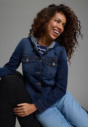 Arizona Jeansjacke ARIZONA, Damen, Gr. 34, dunkelblau used, Denim/Jeans, Obermaterial: 98% Baumwolle, 2% Elasthan, unifarben, regular fit h&uuml;ftlang, 1-Knopf-Ma