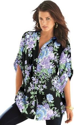 Roaman's Pintuck Tunic Blouse Y-Neck & Roll-Tab Sleeves in Black Floral at Nordstrom, Size 32