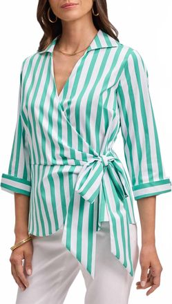 Foxcroft Salina Stripe Cotton Blend Wrap Shirt In Kelly Green/ White