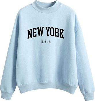 Generic Womens Sweatshirt Teen Girls Crewneck Jumper Top BROOKLYN Letter Print Casual Pullover Womens Long Sleeve Plain Basic Autumn Sweatshirts Streetwear Sc