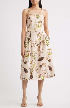 Tahari by ASL Floral Print Sleeveless Belted Midi Dress in Sand Agave at Nordstrom, Size 10