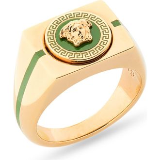Versace Mens Enamel Medusa Signet Ring in Versace Gold Green Grass at Nordstrom, Size 10.5