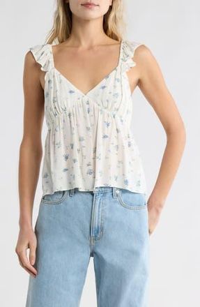 Abound Flutter Sleeve Babydoll Tank Top in White- Blue Pom Floral at Nordstrom Rack, Size X-Small