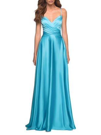 La Femme Bright Satin Gown with Criss-Cross Ruched Top in Cloud Blue at Nordstrom, Size 10