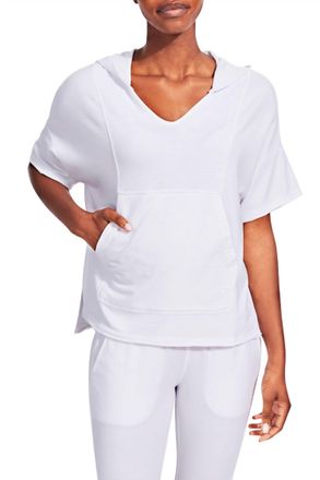 Kensie V-Neck Ribbed Short Sleeve Pullover Sweatshirt In White