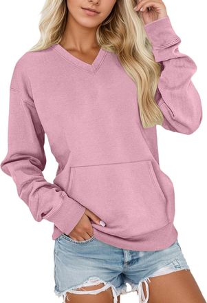 Generic Womens Hatless V-Neck Hoodie with Pockets, V Neck Hoodless Sweatshirt for Women Comfy