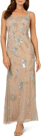 Adrianna Papell Beaded Floral Mermaid Gown in Frosted Sage/Nude at Nordstrom, Size 14
