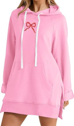 Generic Party Dress for Women The Warmy Oversized Hoodie Dress for Women Casual Drawstring Long Sweatshirt with Pocket Fashion Split Hem Long Sleeve(M) Pink