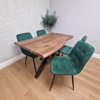 Kosy Koala Rustic Brown Dining Table with 4 Green Velvet Tufted Chairs