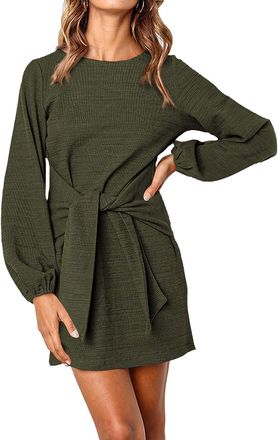 Generic Summer Dresses for Women UK, Long Lantern Sleeve Short Dress, Crewneck Tie Waist Knit, Mini Sweater Shift Army Green