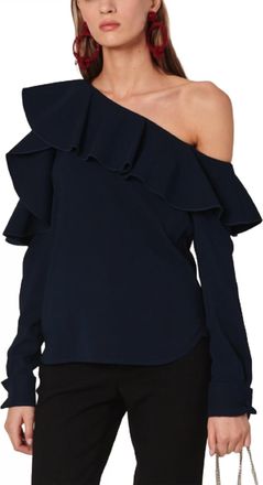 Oscar De La Renta Silk Georgette Cold Shoulder Ruffle Blouse In Navy