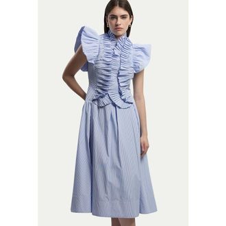 Karen Millen High Neck Pleated Ruffle Midi Dress in Stripe at Nordstrom, Size 12