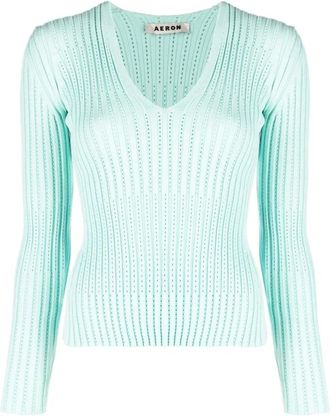 &Aacute;eron Groene V-hals Trui - Dames - Longsleeves - Groen - M - Tops