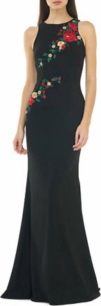 Carmen Marc Valvo Embroidered Floral Crepe Gown In Black/multi