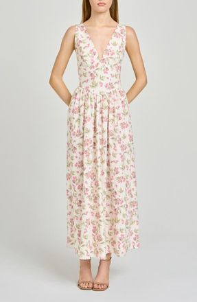 Wayf Vivia Floral Plunge Neck Drop Waist Midi Dress in Garden Raspberry at Nordstrom, Size X-Large
