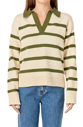 English Factory Stripe Collared Sweater in Cream/Olive at Nordstrom, Size X-Small