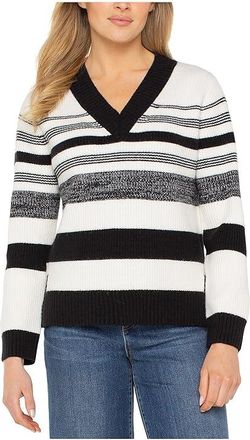 Liverpool L.A. Long Sleeve V-Neck Sweater Womens Sweater Cream/Black Melange Stripe : LG, Acrylic/Nylon/Polyester