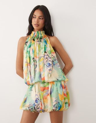 Asos Vestito corto a palloncino allacciato al collo in raso con stampa astratta a fiori-Multi