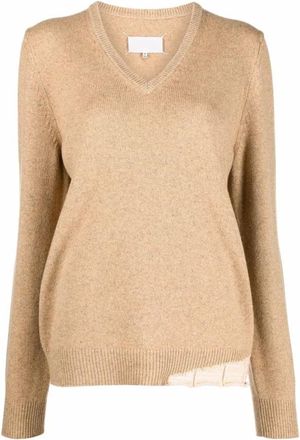 Maison Margiela Beige Mohair Kasjmier Zijde Trui - Dames - V-hals truien - Beige - XS - Kasjmier - Truien & Vesten