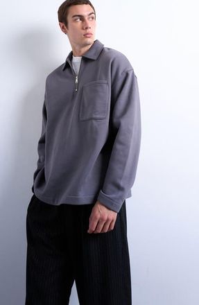 Topman Oversize Long Sleeve Quarter Zip Polo in Grey at Nordstrom, Size Xx-Large