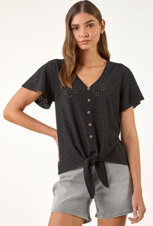 Roman V-Neck Broderie Stretch Tie Front Top