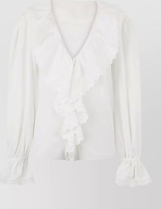 Alberta Ferretti cotton poplin lace trim v-neck blouse