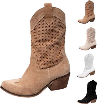 Generic Womens Suede Cowboy Boots Western Mid Calf Cowgirl Boots with Side Zipper Ladies Slouchy Pointed Toe V Chunky Heel Rounded Shoes Vintage Anti-Slip Cow