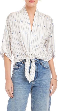 Fifteen Twenty Bernice Floral Stripe Tie-Front Top in Cream/Blue at Nordstrom, Size X-Small