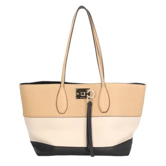 Ferragamo Beige Black Leather Handbag Pouch Tote Bag (Pre-Owned)