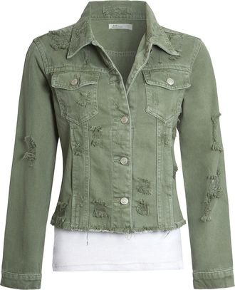 SS7 Womens Denim Distressed Khaki Frayed Jacket